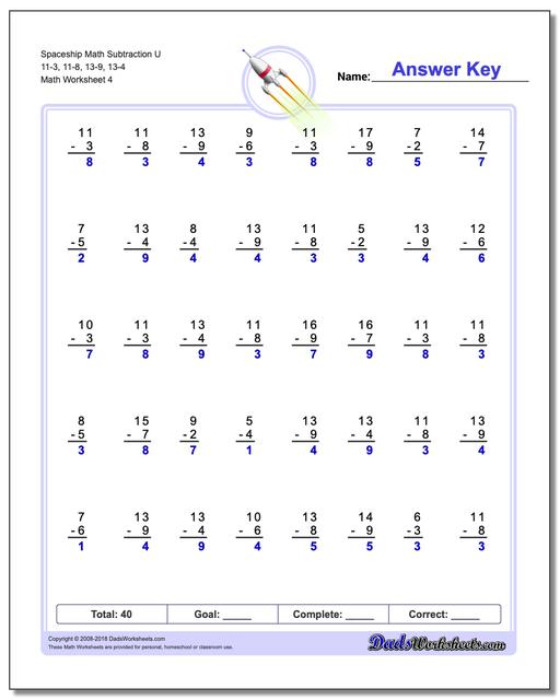 Spaceship Math Subtraction Worksheet U 11-3, 11-8, 13-9, 13-4