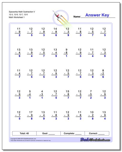 Subtraction Worksheet Spaceship Math V 12-3, 12-9, 12-7, 12-5