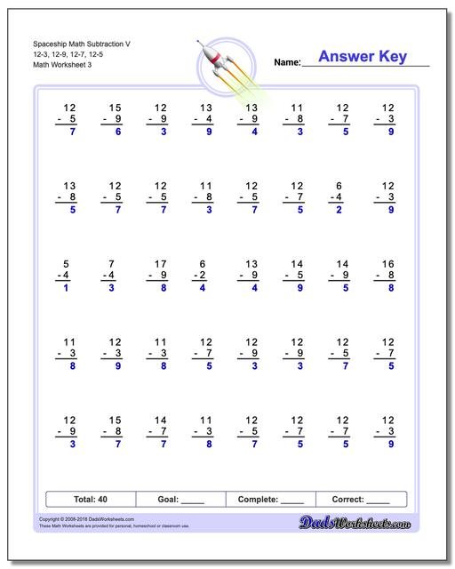 Spaceship Math Subtraction Worksheet V 12-3, 12-9, 12-7, 12-5