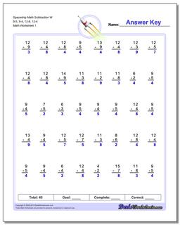 Subtraction Worksheet Spaceship Math W 9-5, 9-4, 12-8, 12-4