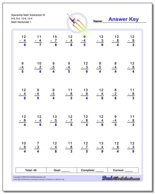 Subtraction Worksheet Spaceship Math W 9-5, 9-4, 12-8, 12-4