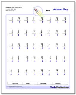 Spaceship Math Subtraction Worksheet W 9-5, 9-4, 12-8, 12-4