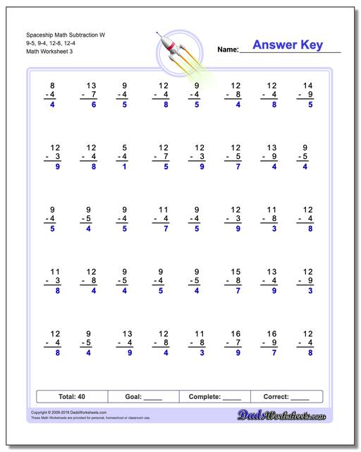 Spaceship Math Subtraction Worksheet W 9-5, 9-4, 12-8, 12-4