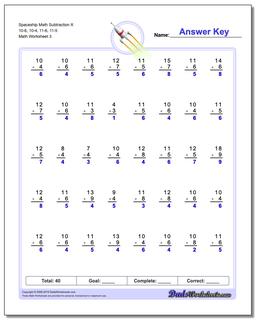 Spaceship Math Subtraction Worksheet X 10-6, 10-4, 11-6, 11-5