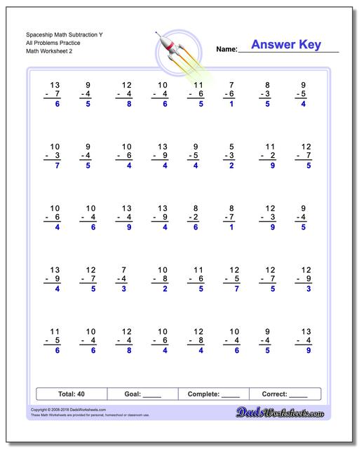Spaceship Math Subtraction Worksheet Y All Problems Worksheet Practice www.dadsworksheets.com/worksheets/subtraction.html