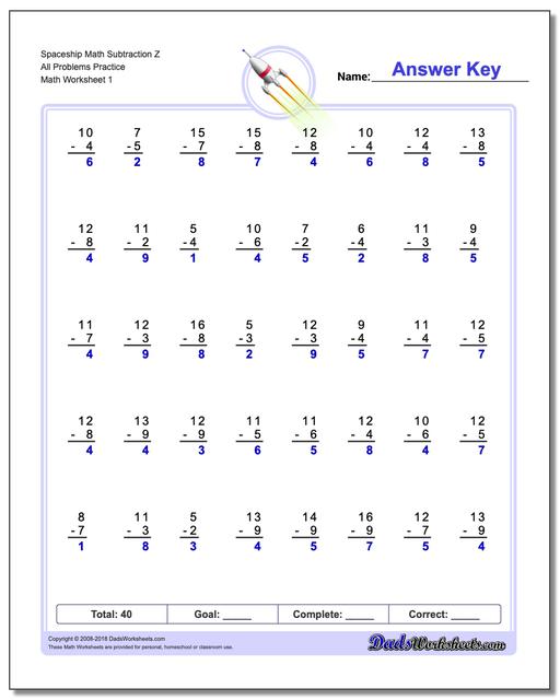 Subtraction Worksheet Spaceship Math Z All Problems Practice
