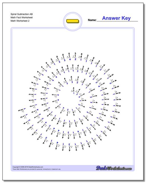Spiral Subtraction AB Math Fact Worksheet www.dadsworksheets.com/worksheets/subtraction.html