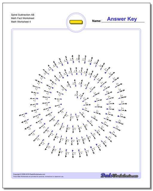 Spiral Subtraction AB Math Fact Worksheet