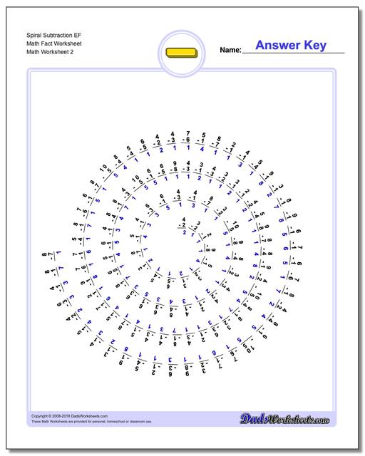 Spiral Subtraction EF Math Fact Worksheet www.dadsworksheets.com/worksheets/subtraction.html