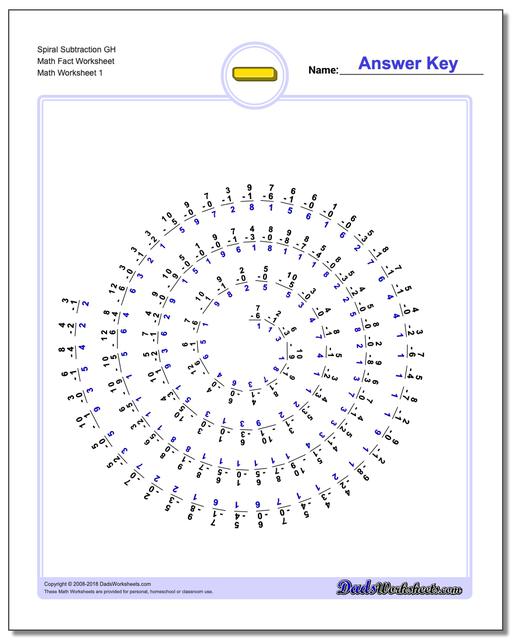 Subtraction Worksheet Spiral GH Math Fact Worksheet