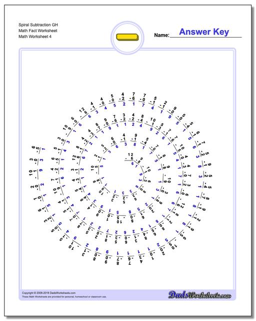 Spiral Subtraction GH Math Fact Worksheet