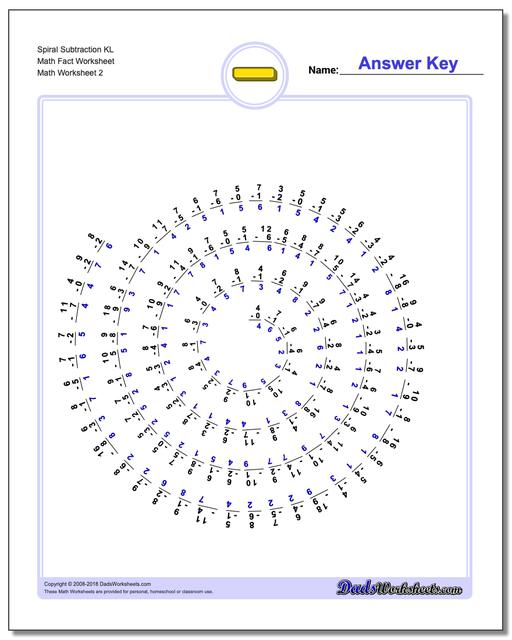 Spiral Subtraction KL Math Fact Worksheet www.dadsworksheets.com/worksheets/subtraction.html