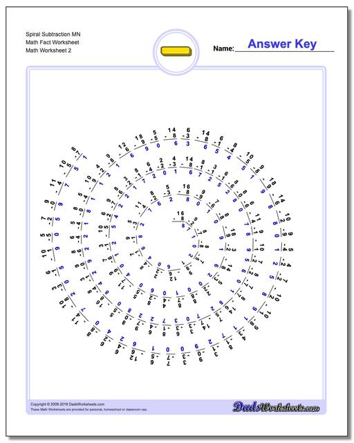 Spiral Subtraction MN Math Fact Worksheet www.dadsworksheets.com/worksheets/subtraction.html