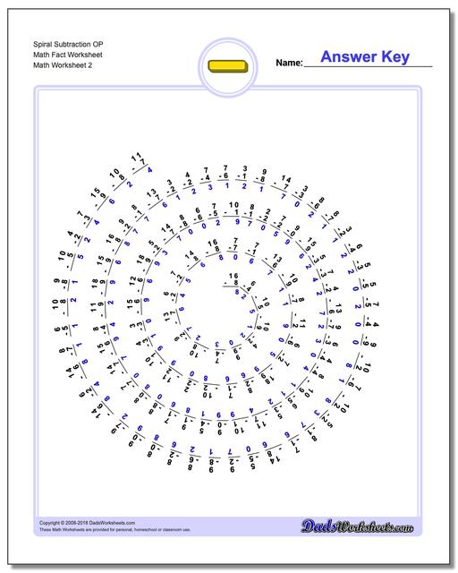 Spiral Subtraction OP Math Fact Worksheet www.dadsworksheets.com/worksheets/subtraction.html