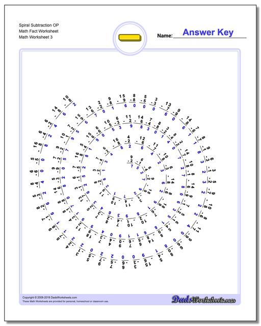 Spiral Subtraction OP Math Fact Worksheet