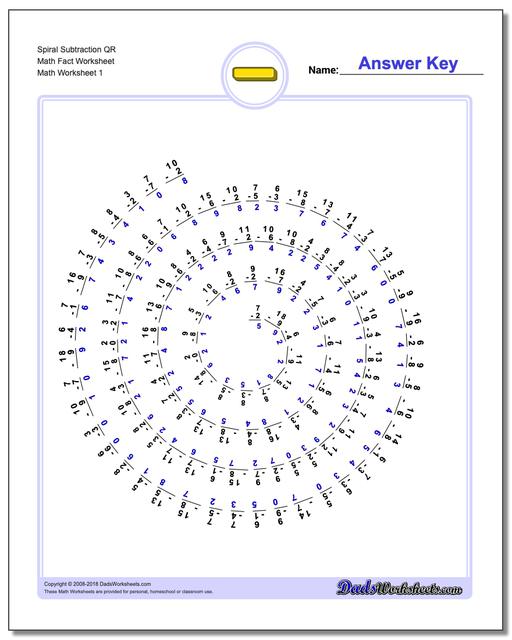 Subtraction Worksheet Spiral QR Math Fact Worksheet