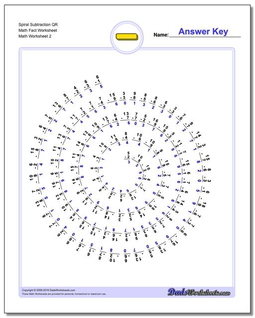 Spiral Subtraction QR Math Fact Worksheet www.dadsworksheets.com/worksheets/subtraction.html