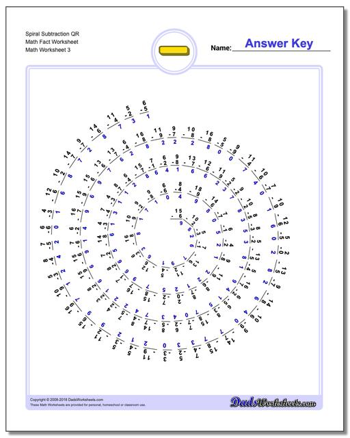 Spiral Subtraction QR Math Fact Worksheet