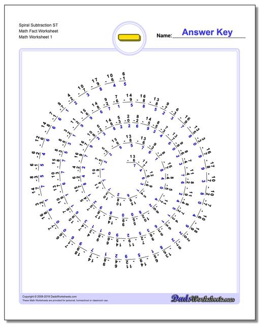 Subtraction Worksheet Spiral ST Math Fact Worksheet