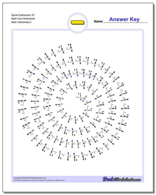 Spiral Subtraction ST Math Fact Worksheet www.dadsworksheets.com/worksheets/subtraction.html