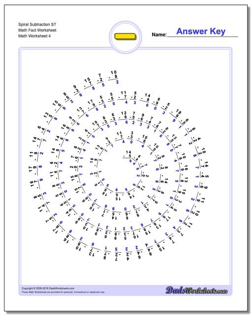 Spiral Subtraction ST Math Fact Worksheet