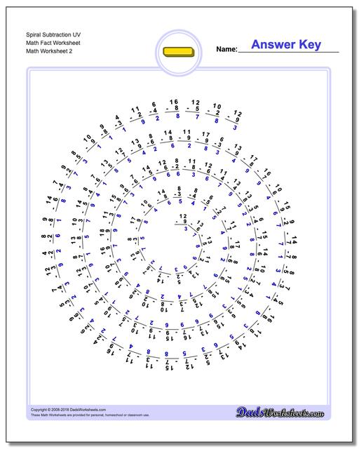 Spiral Subtraction UV Math Fact Worksheet www.dadsworksheets.com/worksheets/subtraction.html