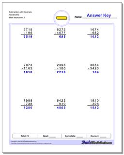 Subtraction Worksheet with Decimals Hundredths