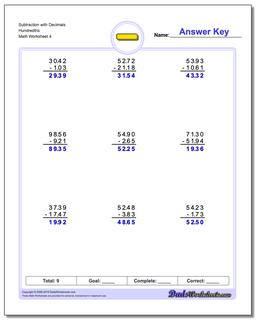 Subtraction Worksheet with Decimals Hundredths