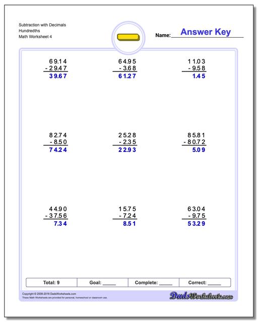 Subtraction Worksheet with Decimals Hundredths