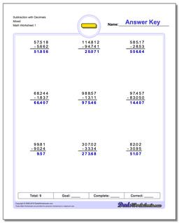 Subtraction Worksheet with Decimals Mixed