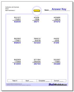 Subtraction Worksheet with Decimals Mixed /worksheets/subtraction.html