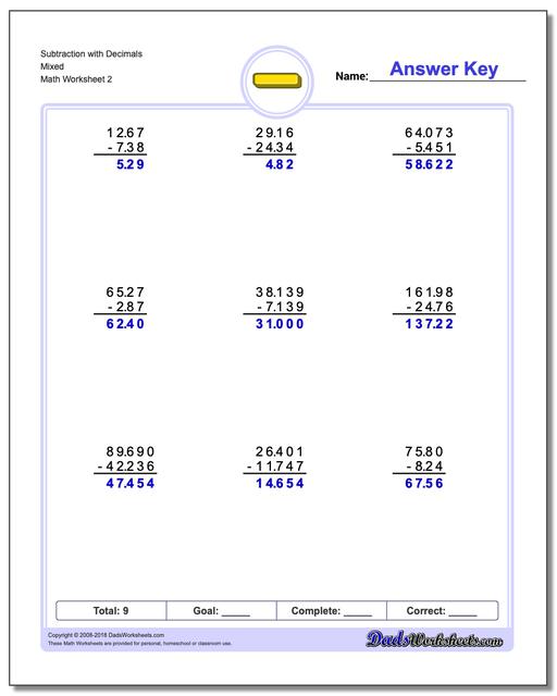 Subtraction Worksheet with Decimals Mixed www.dadsworksheets.com/worksheets/subtraction.html