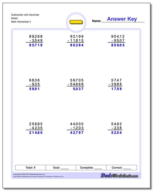 Subtraction Worksheet with Decimals Mixed