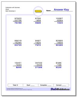 Subtraction Worksheet with Decimals Mixed