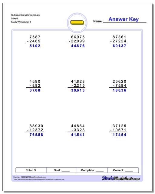 Subtraction Worksheet with Decimals Mixed