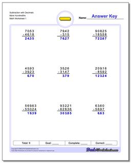 Subtraction Worksheet with Decimals More Hundredths