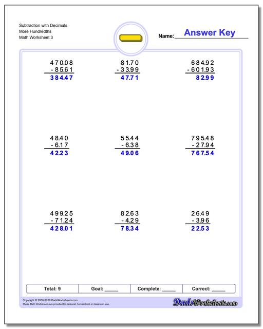 Subtraction Worksheet with Decimals More Hundredths