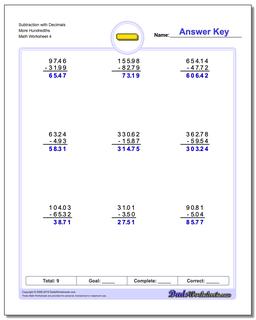 Subtraction Worksheet with Decimals More Hundredths