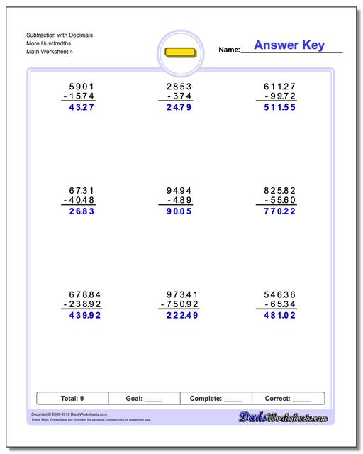 Subtraction Worksheet with Decimals More Hundredths
