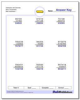 Subtraction Worksheet with Decimals More Thousandths