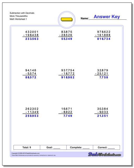 Subtraction Worksheet with Decimals More Thousandths