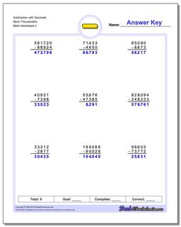 Subtraction Worksheet with Decimals More Thousandths