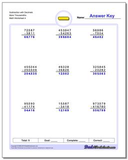 Subtraction Worksheet with Decimals More Thousandths