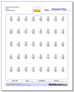 Subtraction Worksheet with Decimals Tenths