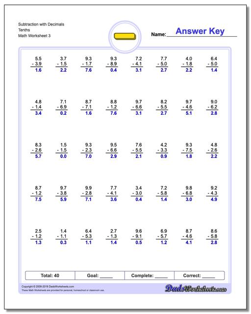 Subtraction Worksheet with Decimals Tenths