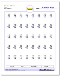 Subtraction Worksheet with Decimals Tenths