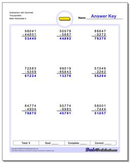 Subtraction Worksheet with Decimals Thousandths