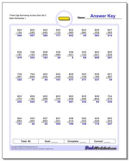 Three Digit Borrowing Across Zero Set 2 Subtraction Worksheet
