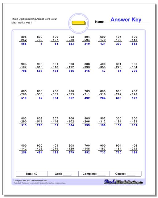 Worksheets Subtracting Across Zeros Worksheet borrowing across zero three digit set 2 subtraction worksheet