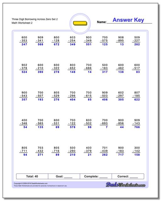 Three Digit Borrowing Across Zero Set 2 www.dadsworksheets.com/worksheets/subtraction.html Worksheet